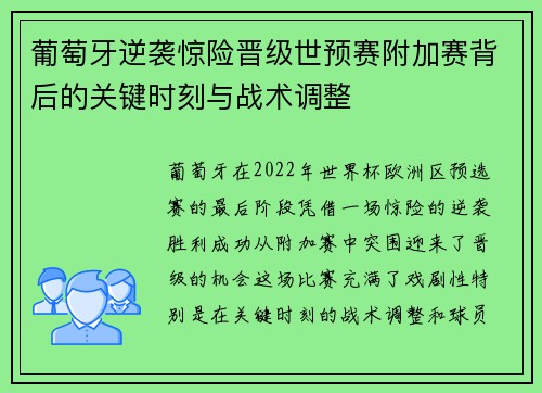 葡萄牙逆袭惊险晋级世预赛附加赛背后的关键时刻与战术调整